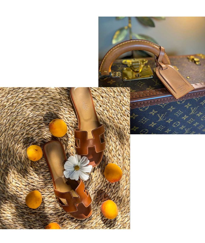 Valise Louis Vuitton et sandales Oran Hermès